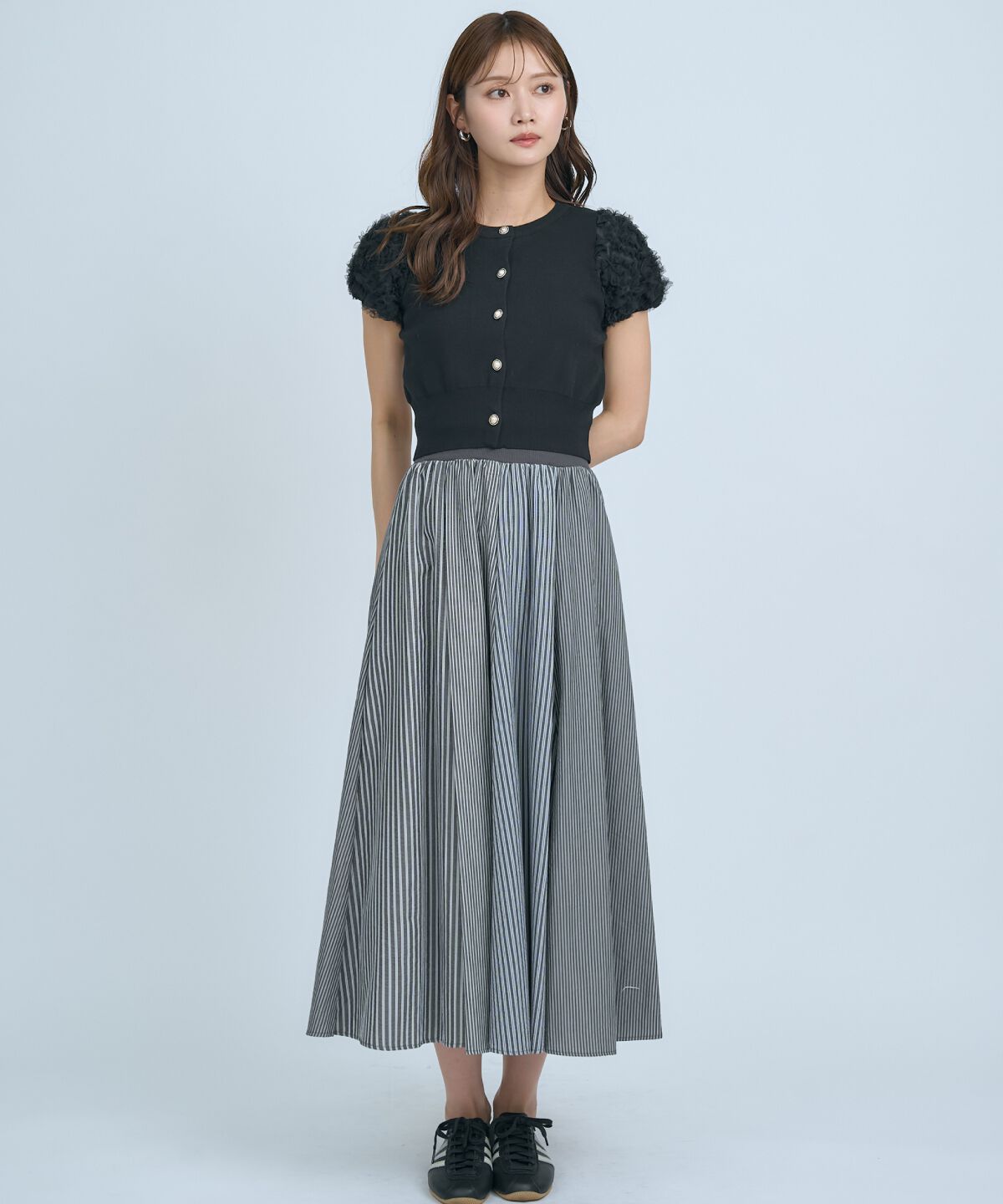 アンドクチュール「サッカーストライプ柄組み合わせロングスカート」|フレア|