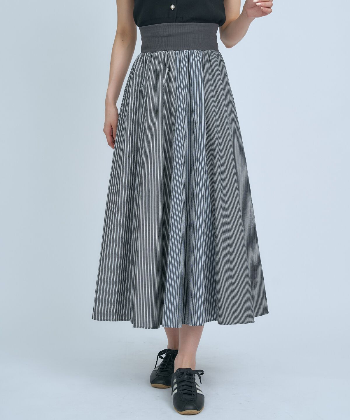 アンドクチュール「サッカーストライプ柄組み合わせロングスカート」|フレア|