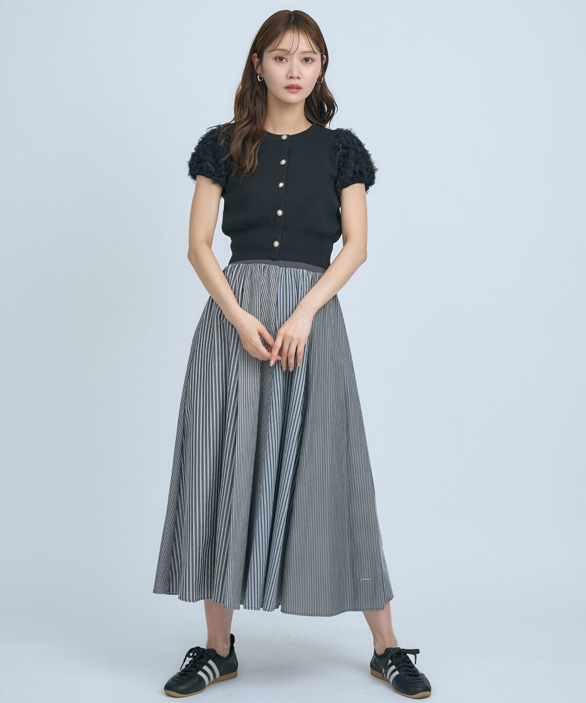 アンドクチュール「サッカーストライプ柄組み合わせロングスカート」|フレア|