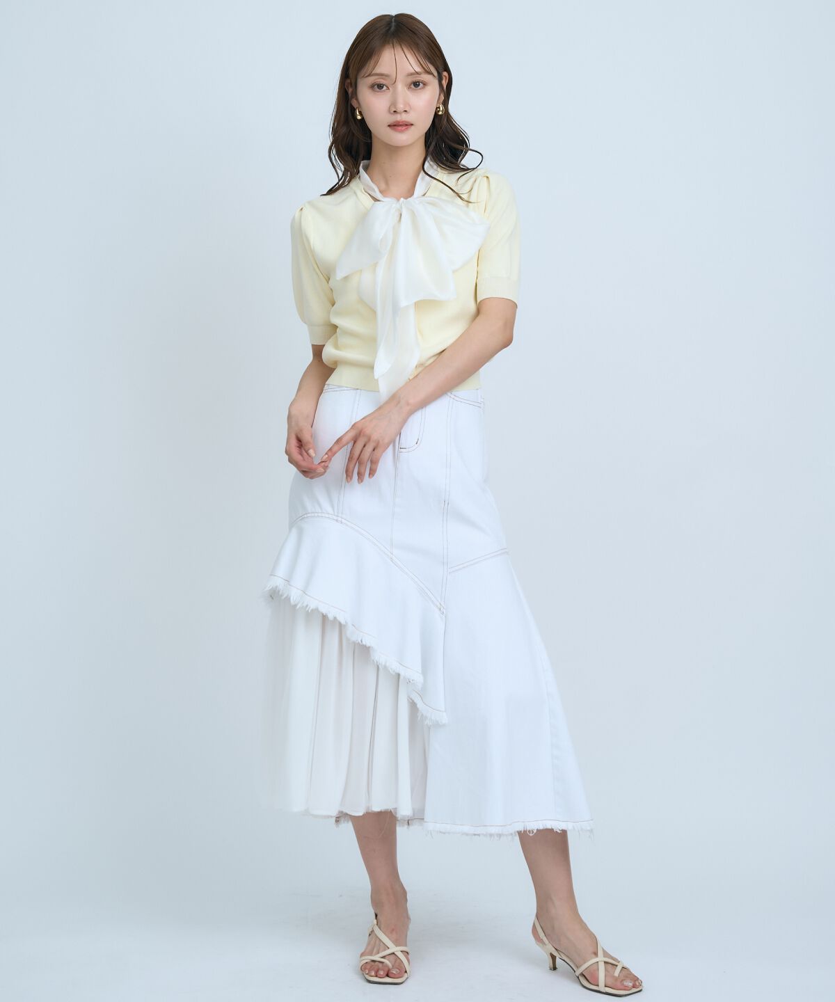 アンドクチュール「異素材リボン半袖ニットカーディガン」|カーディガン|