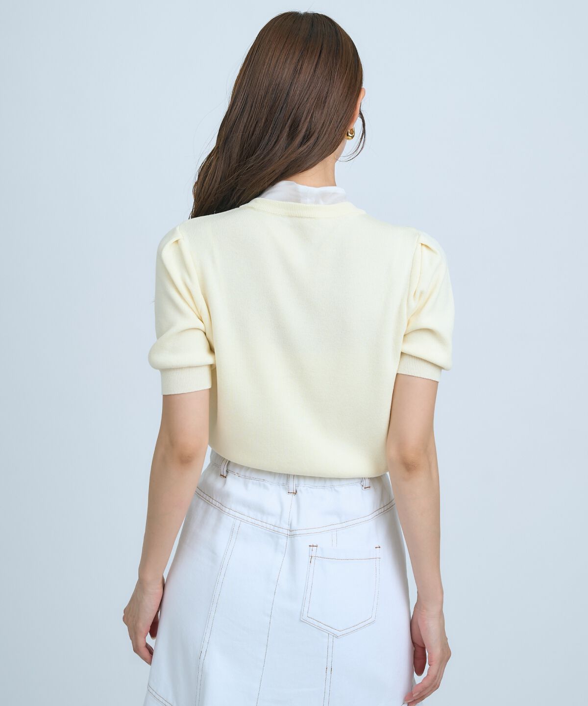 アンドクチュール「異素材リボン半袖ニットカーディガン」|カーディガン|