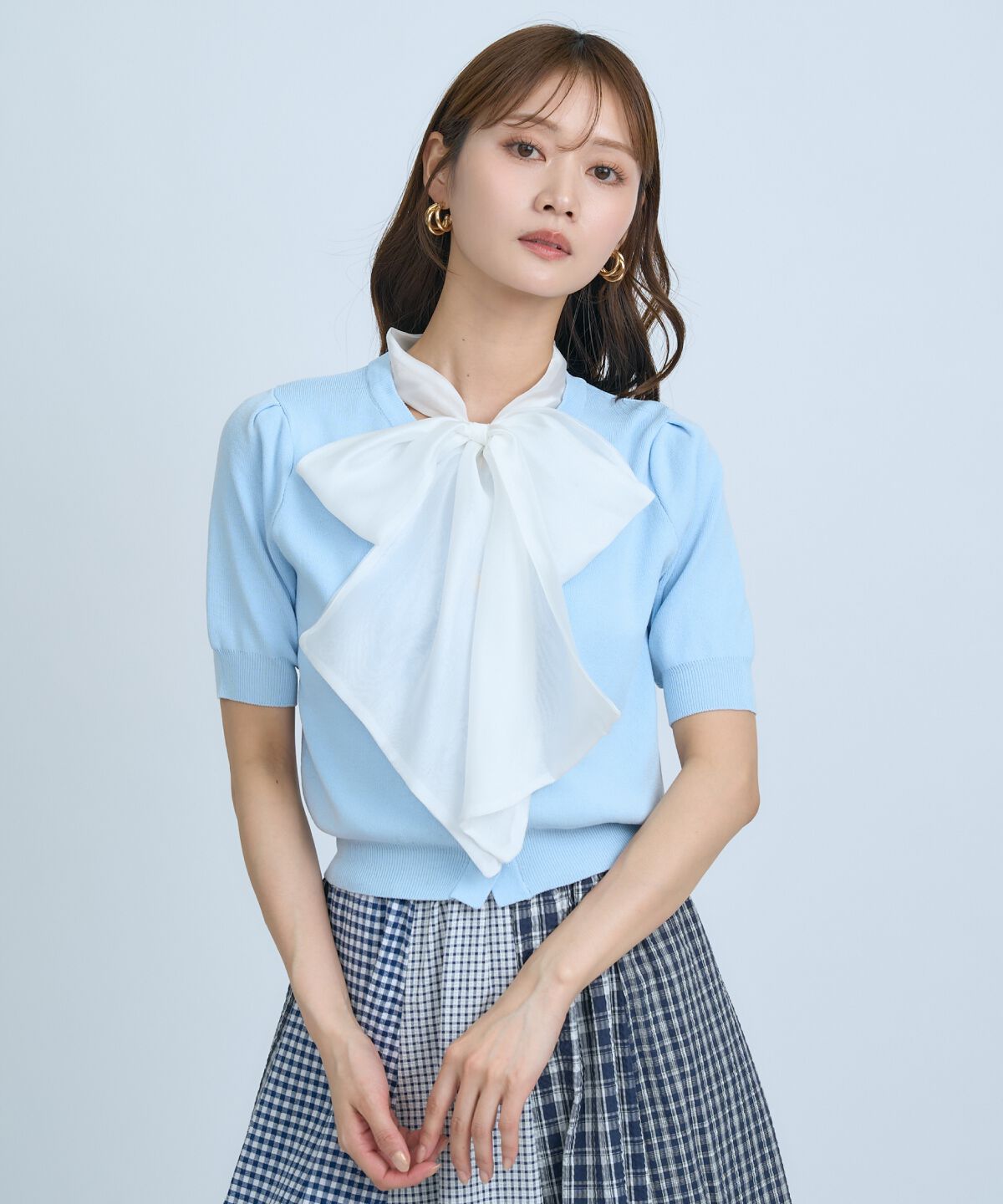 アンドクチュール「異素材リボン半袖ニットカーディガン」|カーディガン|サックス