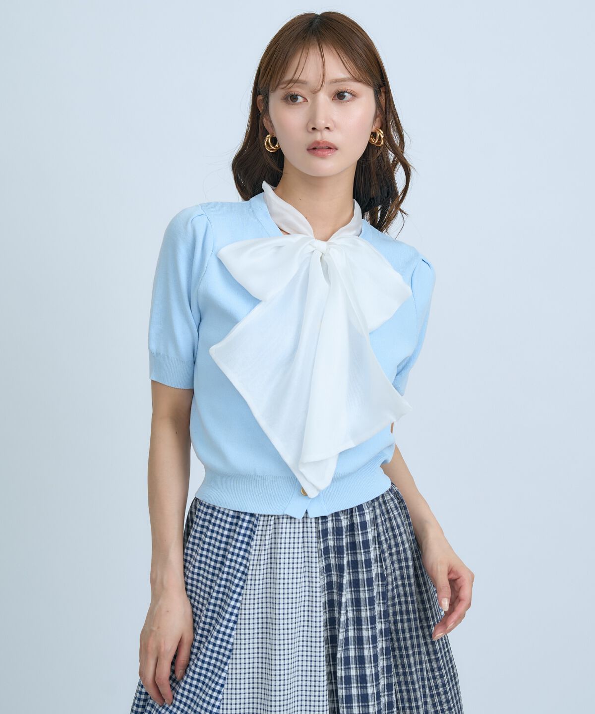 アンドクチュール「異素材リボン半袖ニットカーディガン」|カーディガン|