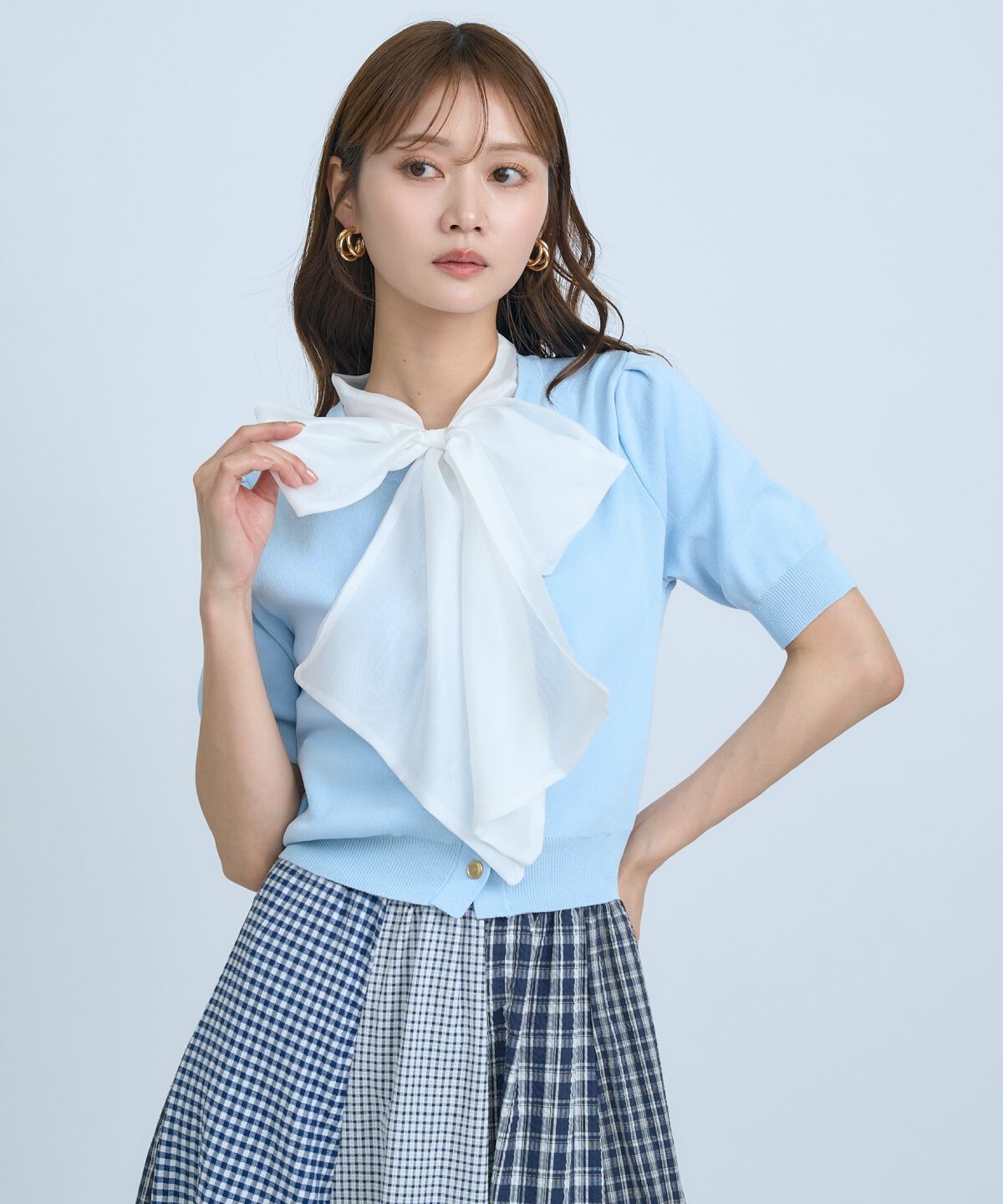 アンドクチュール「異素材リボン半袖ニットカーディガン」|カーディガン|