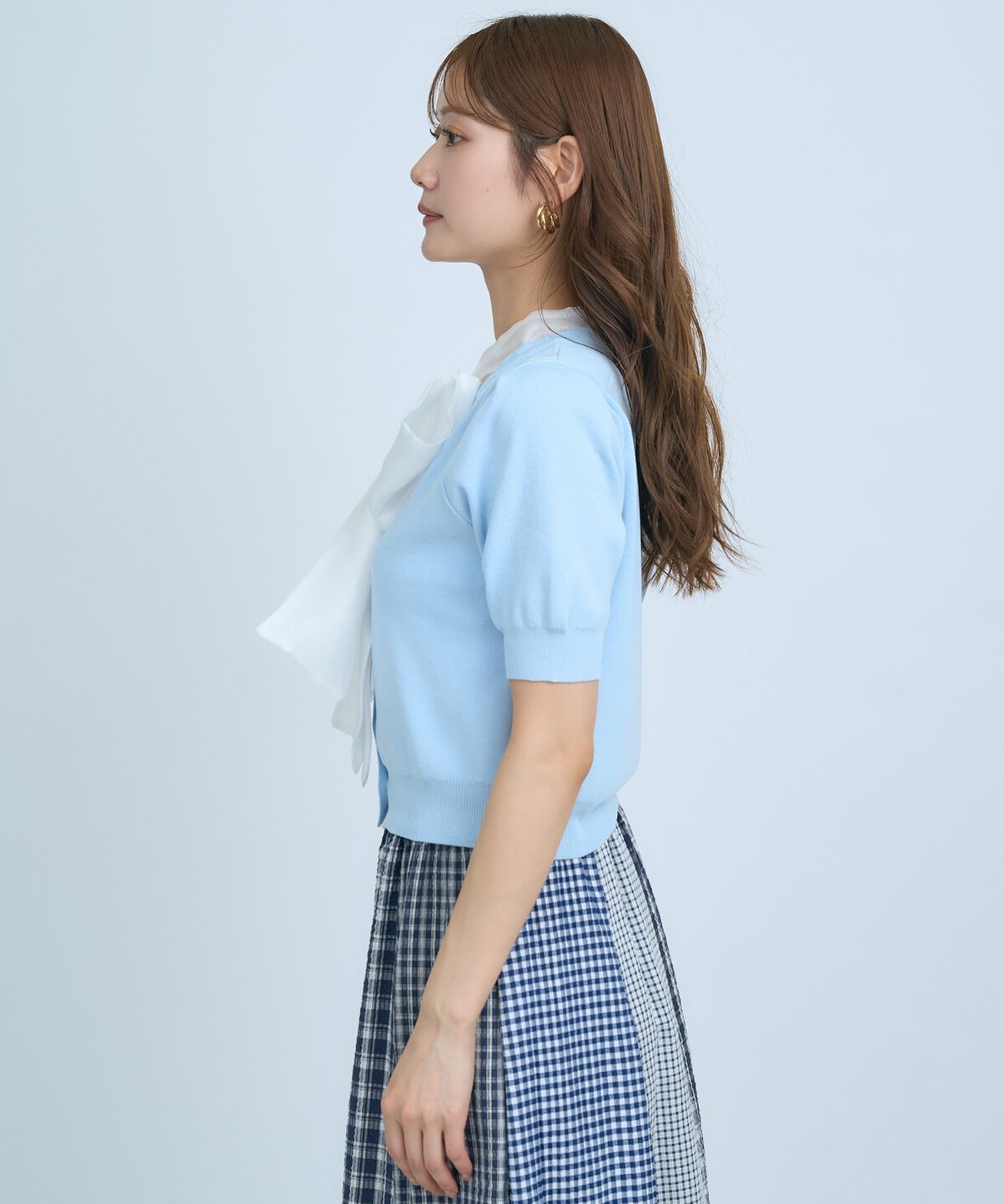 アンドクチュール「異素材リボン半袖ニットカーディガン」|カーディガン|