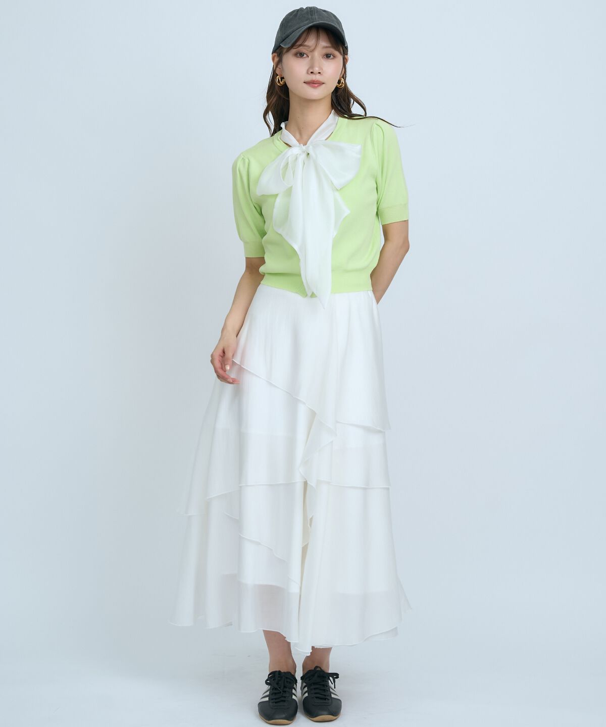 アンドクチュール「異素材リボン半袖ニットカーディガン」|カーディガン|