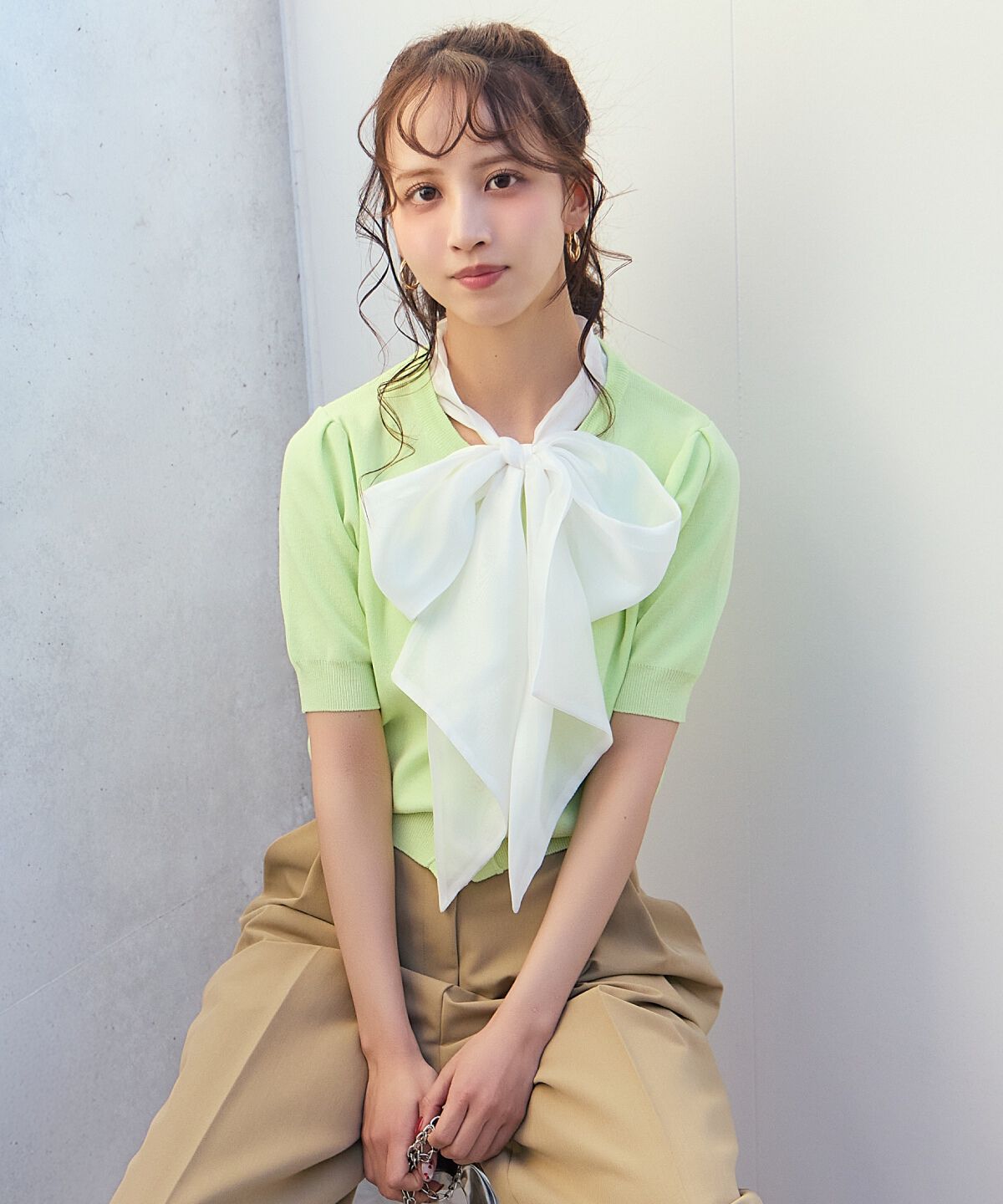 アンドクチュール「異素材リボン半袖ニットカーディガン」|カーディガン|