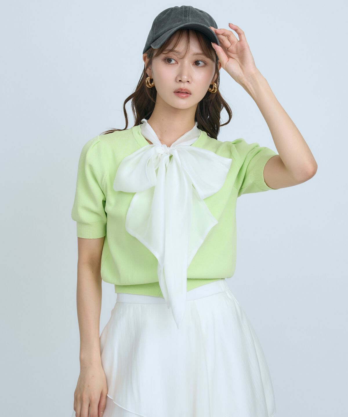 アンドクチュール「異素材リボン半袖ニットカーディガン」|カーディガン|