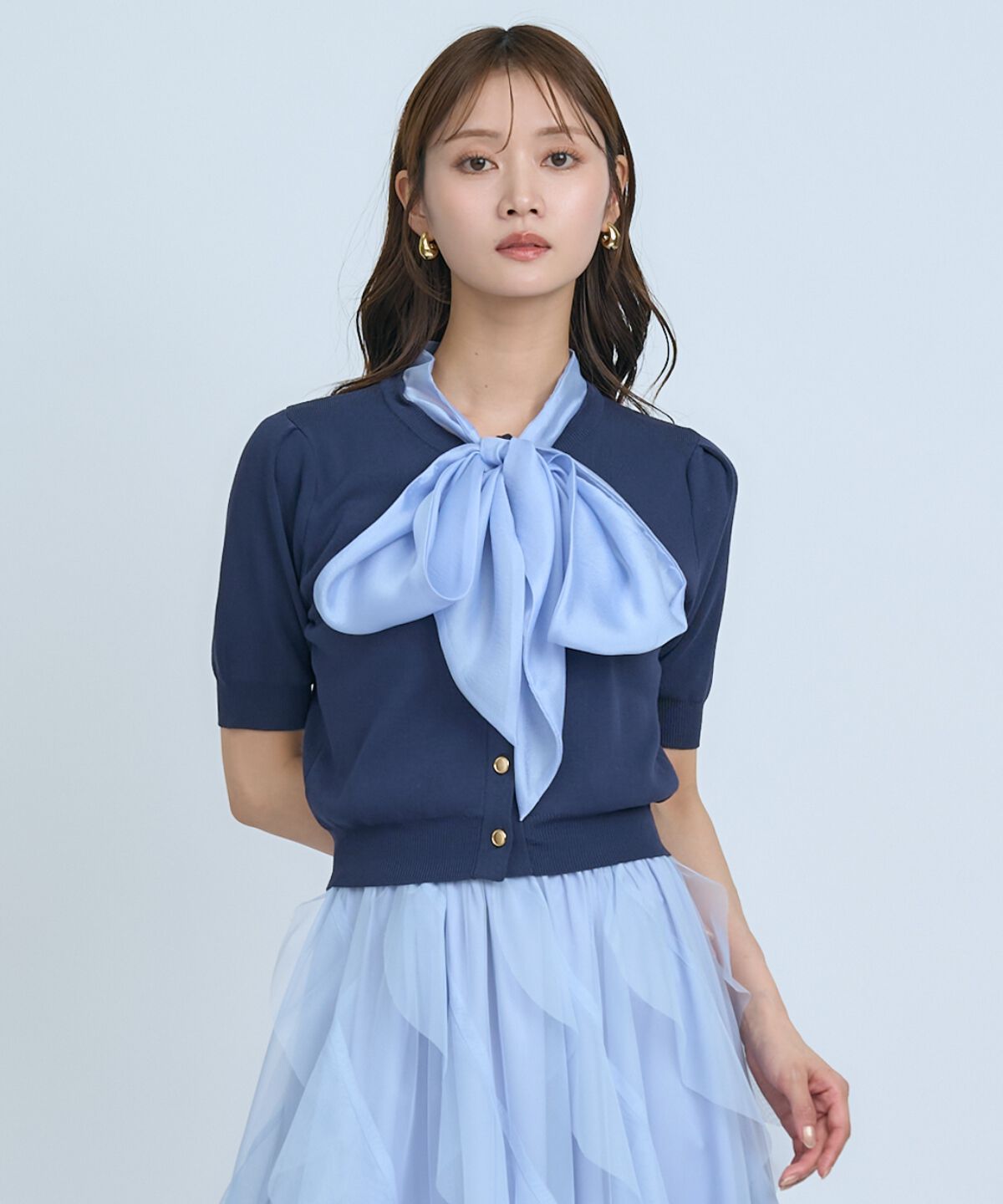 アンドクチュール「異素材リボン半袖ニットカーディガン」|カーディガン|