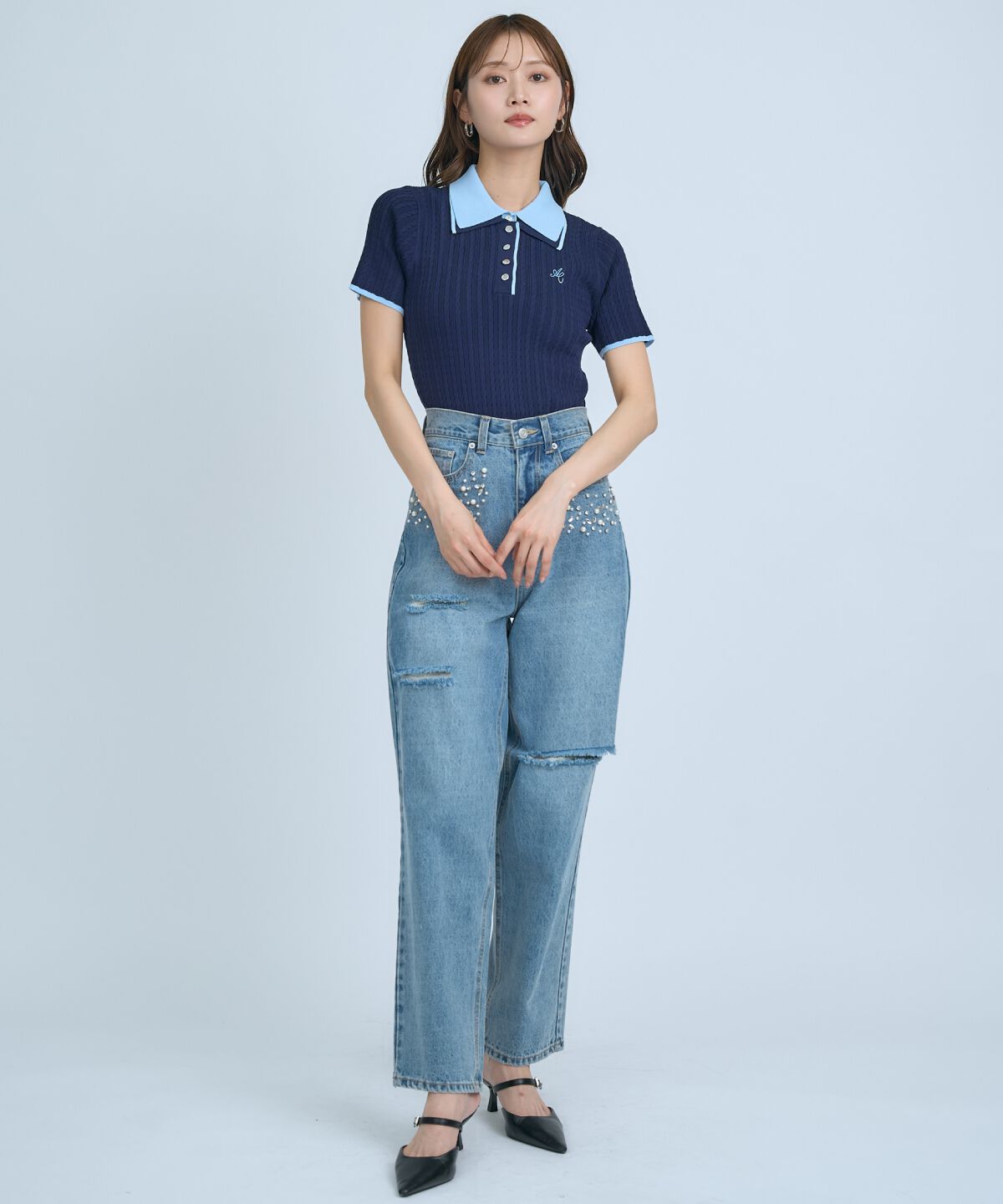 アンドクチュール「ダブルカラーケーブルポロニット」|ニット・セーター|