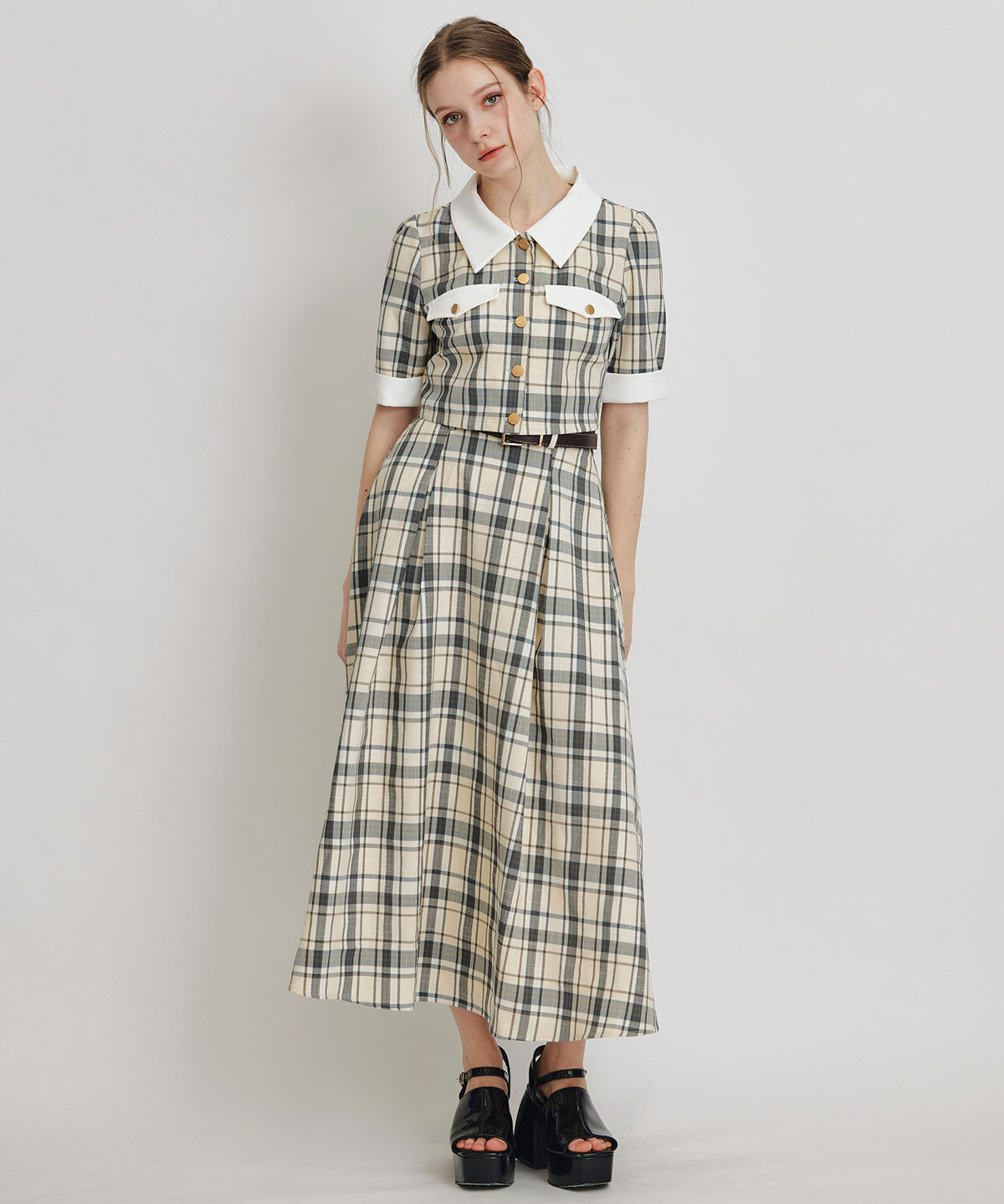 REDYAZEL「バイカラーチェックブラウス&times;フレアロングスカートセットアップ」|ワンピース|白系チェック