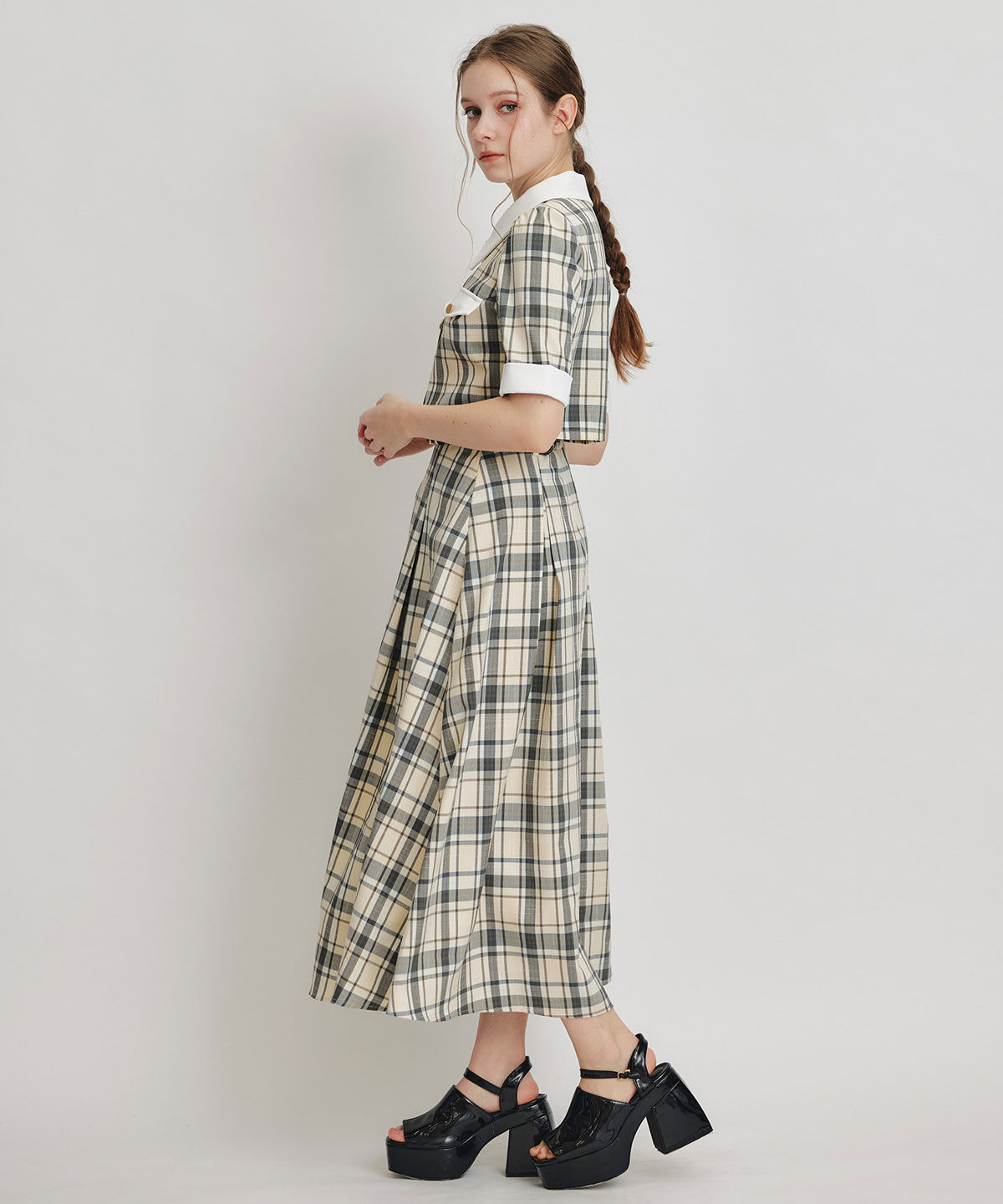 REDYAZEL「バイカラーチェックブラウス&times;フレアロングスカートセットアップ」|ワンピース|
