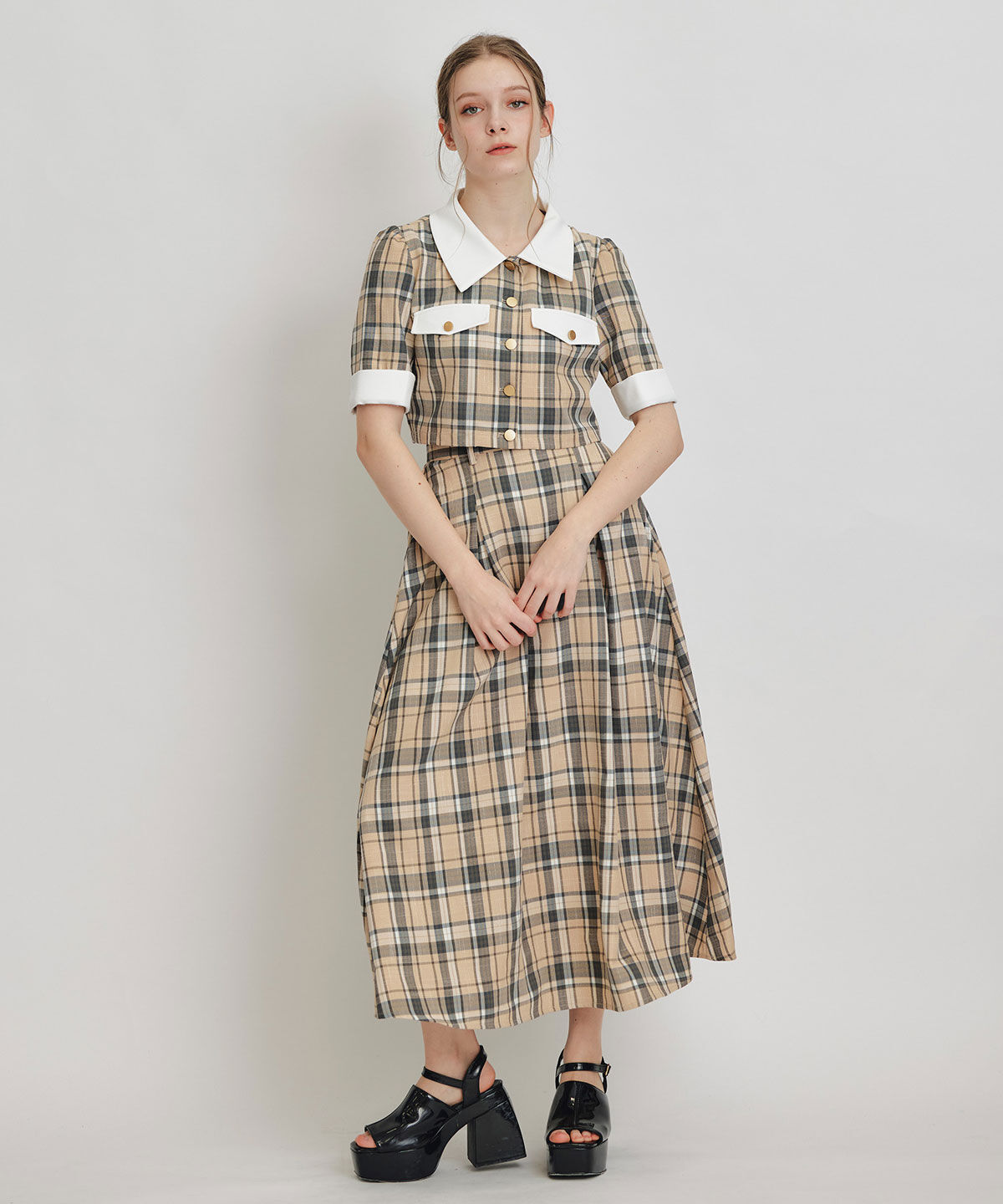REDYAZEL「バイカラーチェックブラウス&times;フレアロングスカートセットアップ」|ワンピース|