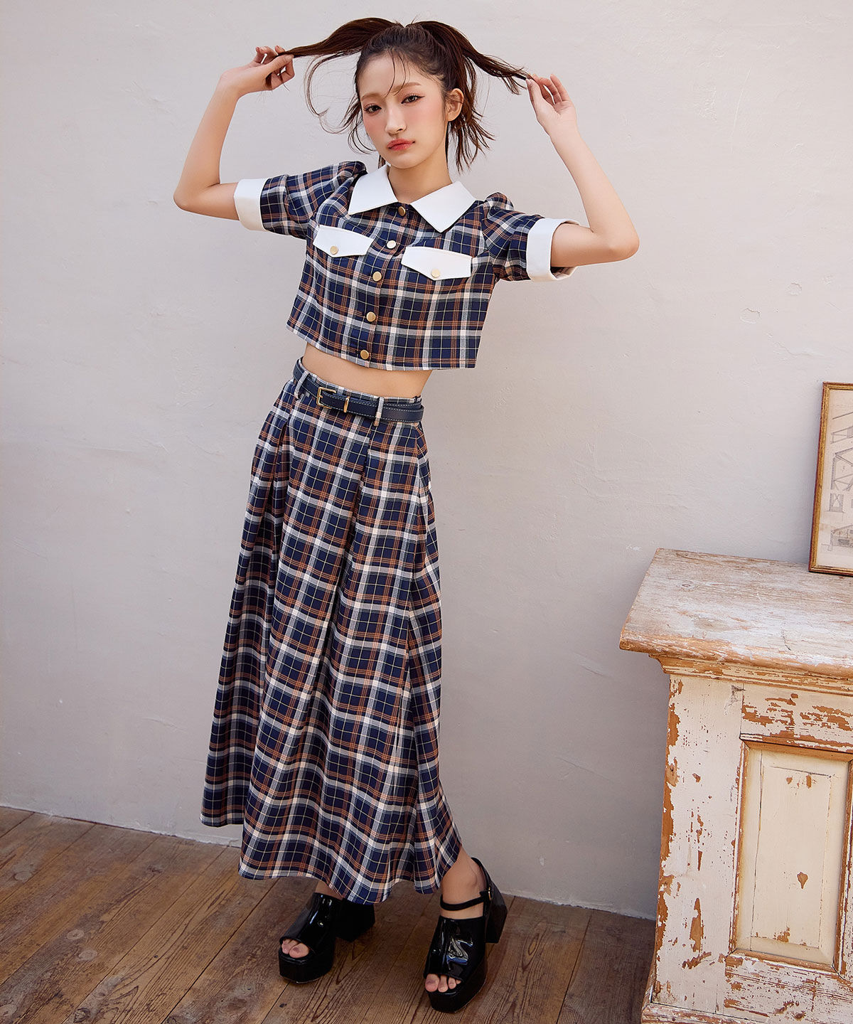 REDYAZEL「バイカラーチェックブラウス&times;フレアロングスカートセットアップ」|ワンピース|
