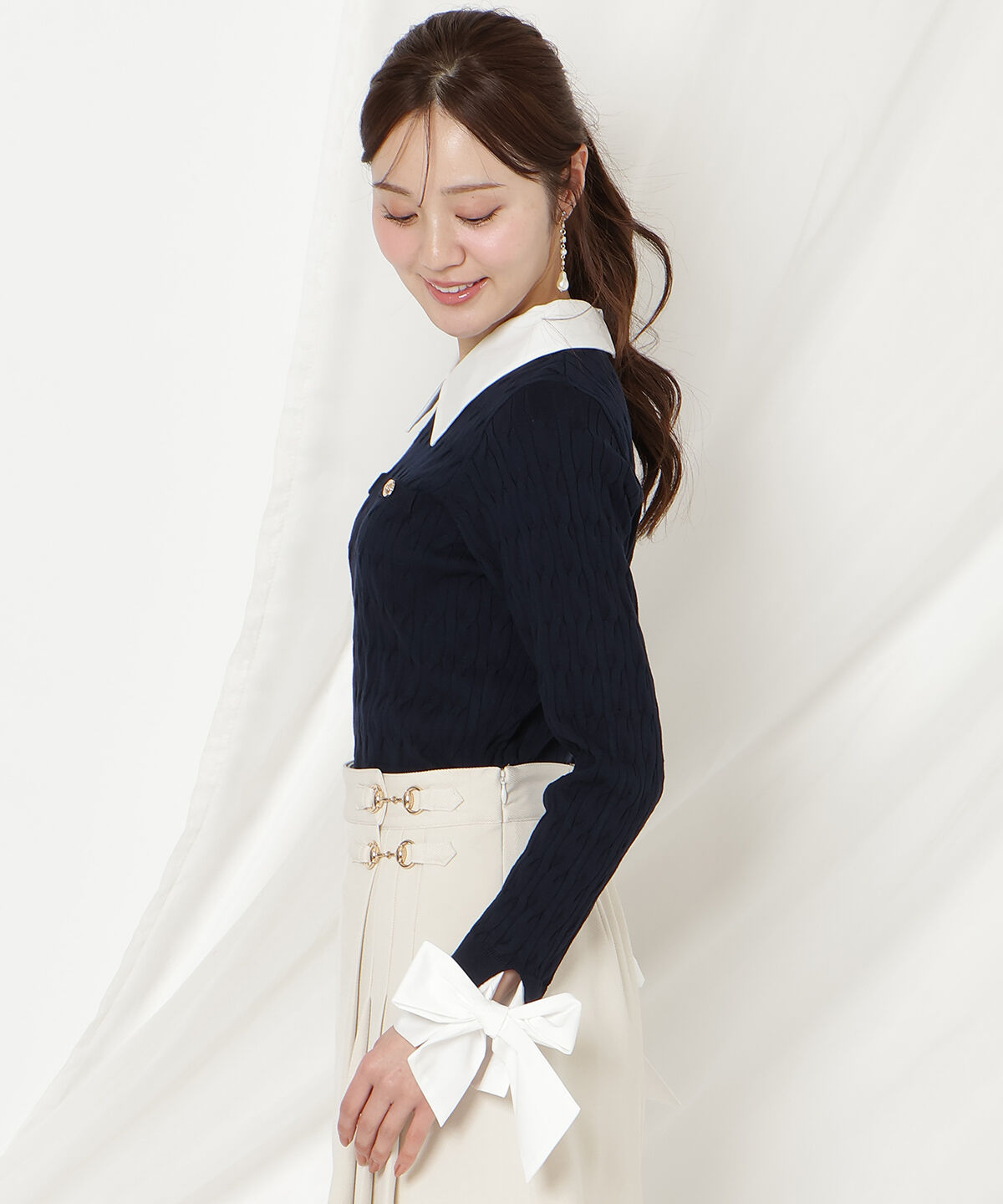 WILLSELECTION「リボンカフスドッキングケーブルニット」|ニット・セーター|