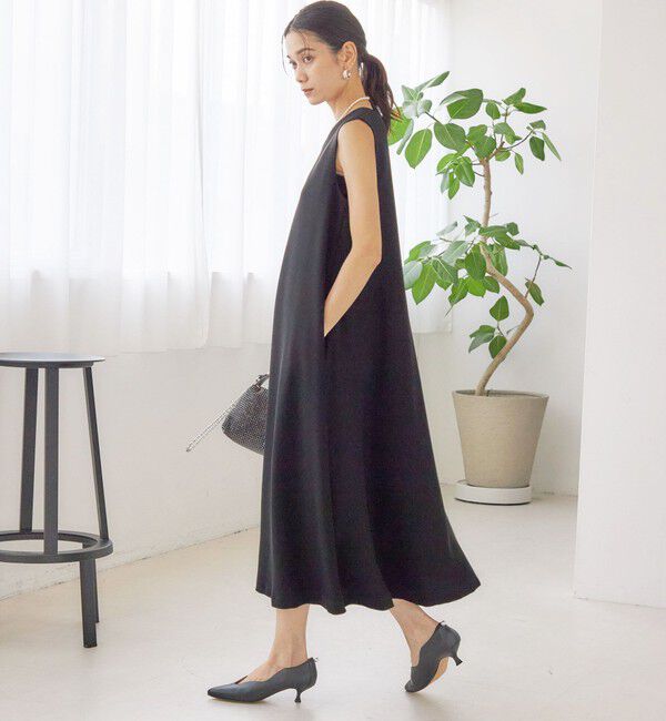 SHIPS for women「little black: リュクス エア ノースリーブ フレア ロング ワンピース（セレモニー対応可）」|ワンピース|