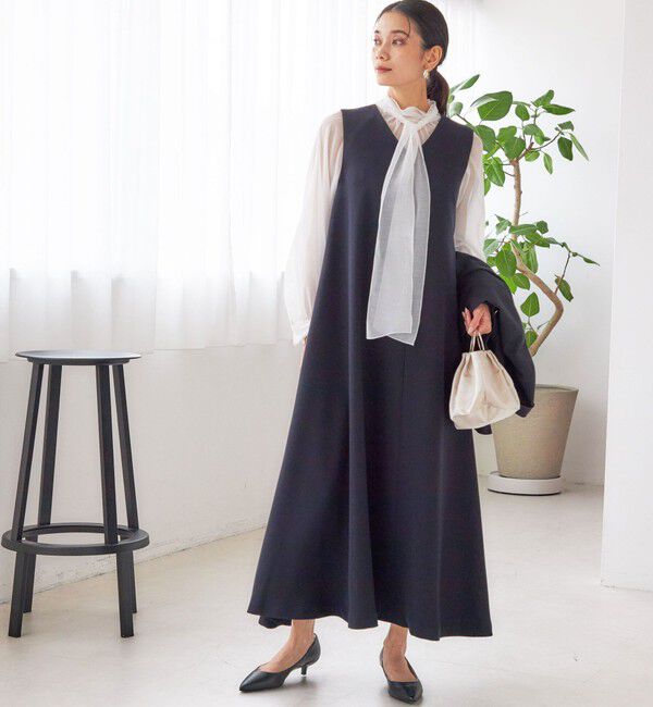 SHIPS for women「little black: リュクス エア ノースリーブ フレア ロング ワンピース（セレモニー対応可）」|ワンピース|ネイビー