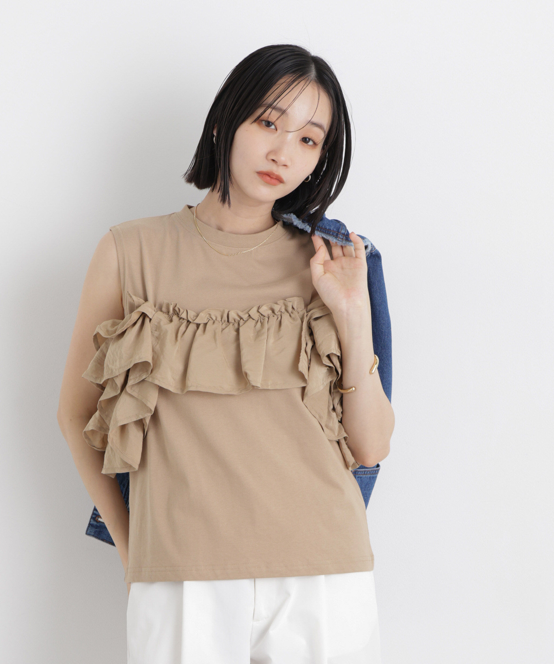 nano･universe「3wayデザインフリルコンビカットトップス」|Tシャツ・カットソー|ベージュ