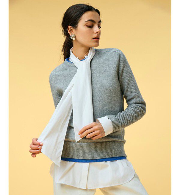 BEIGE,「【洗える】POMPE / ウールカシミヤ配色リブクルーネック」|ニット・セーター|L Gray&times;Sax