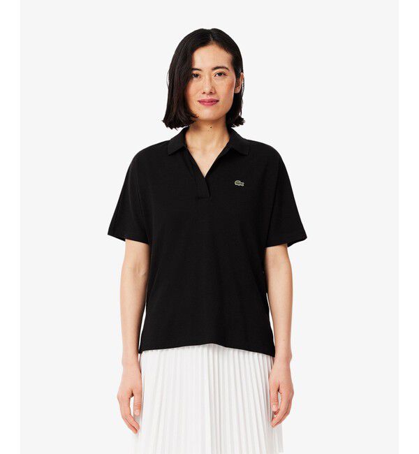 LACOSTE「サイドスリット スキッパーネック ドレープポロシャツ」|ポロシャツ|ブラック