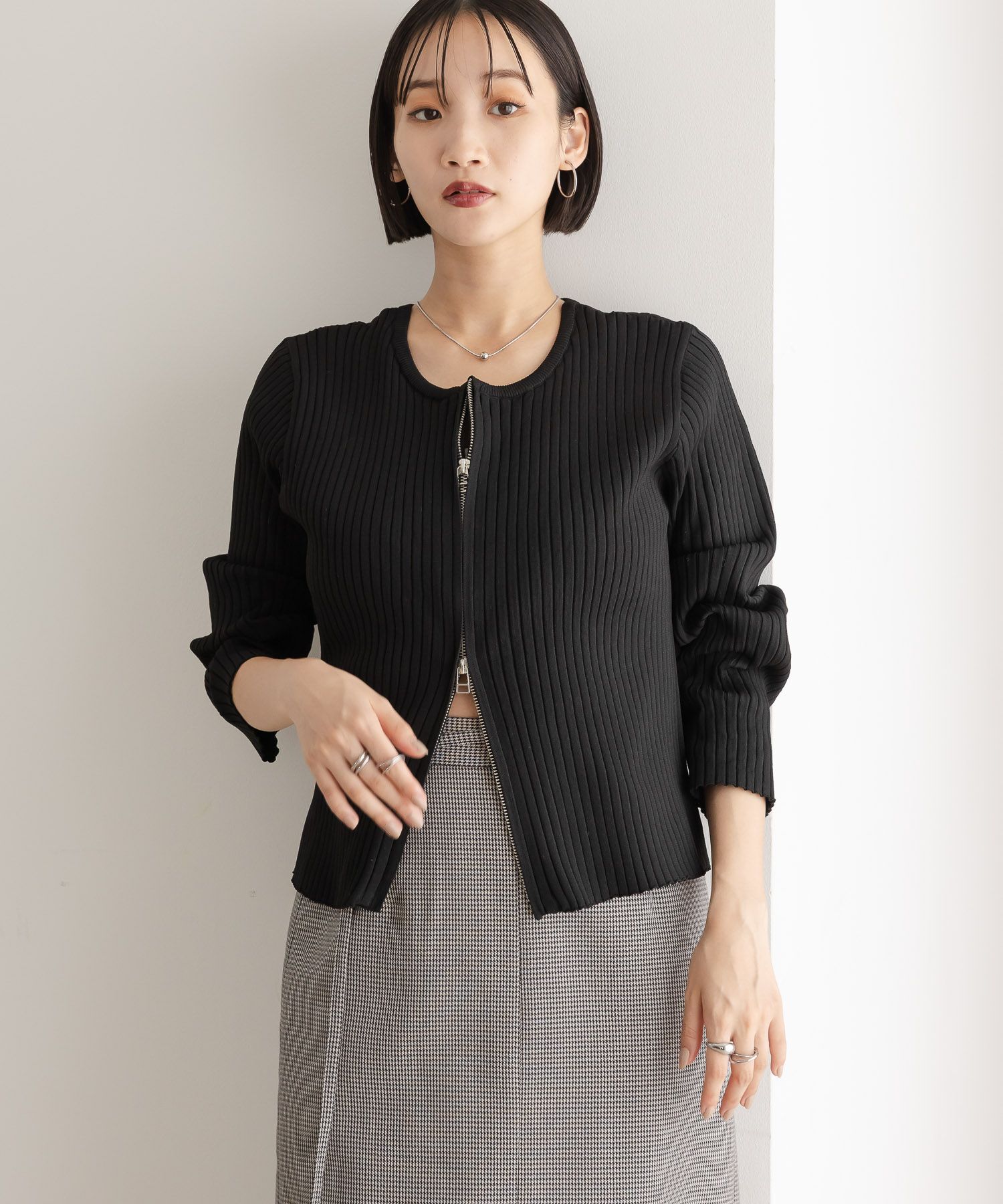 LOWRYS FARM「ＷＺＩＰリブカーディガンＬＳ」|ニット・セーター|ブラック