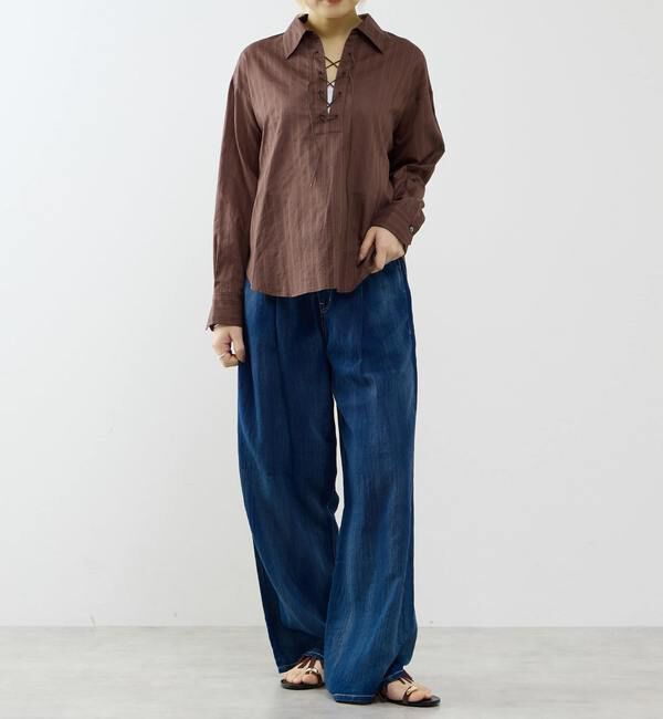 SOFFITTO「オーガニックコットンレースアップストライプブラウス」|シャツ・ブラウス|