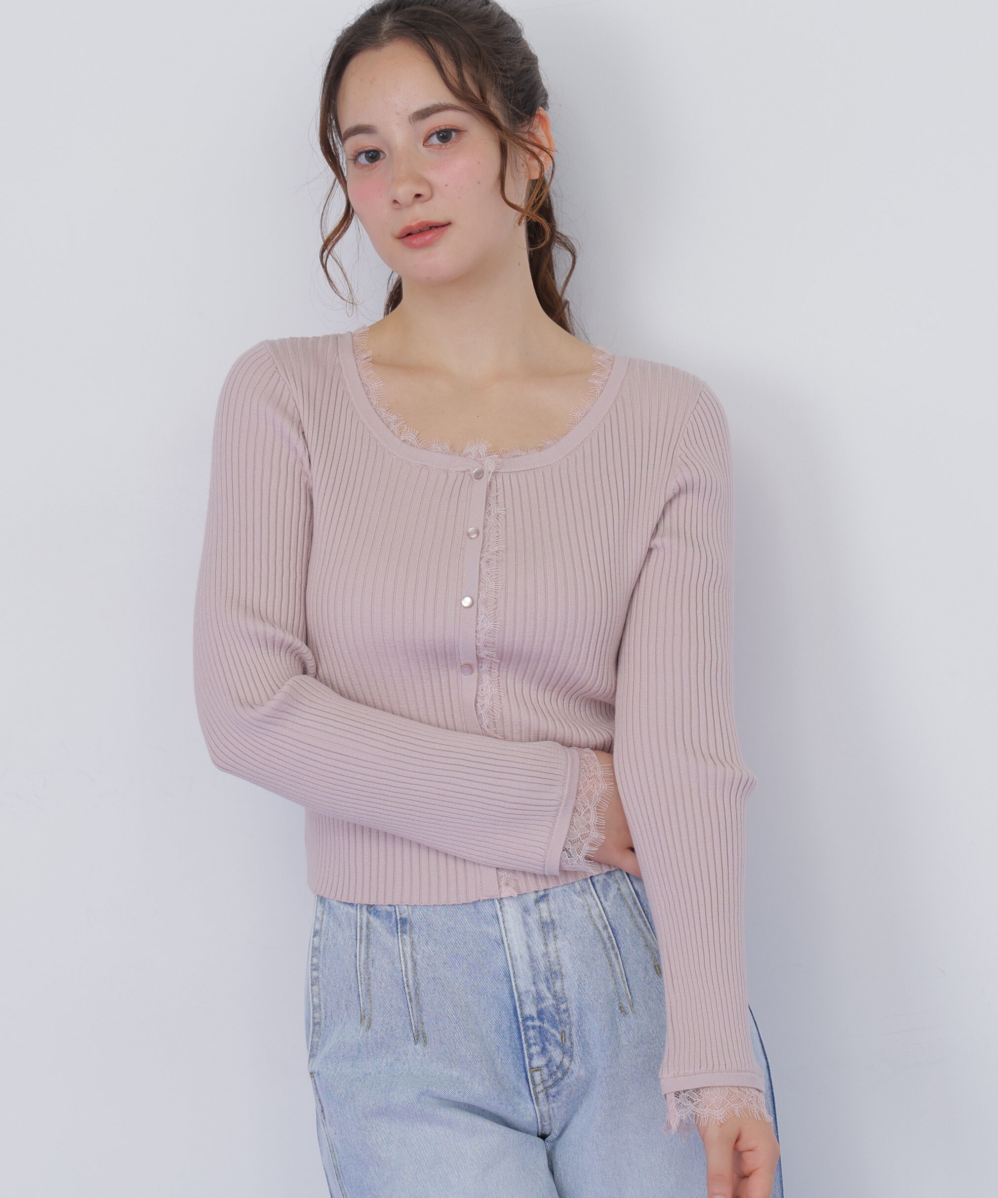  「レーストリミングリブニット」|ニット・セーター|ピンク