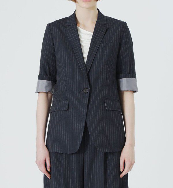  「ウォッシャブルストライプハーフスリーブジャケット」|テーラードジャケット|