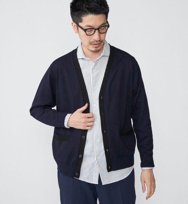 SHIPS「SHIPS:〈手洗い可能〉ICE WOOL カラーパネル Vネック ニット カーディガン」|カーディガン|ネイビー