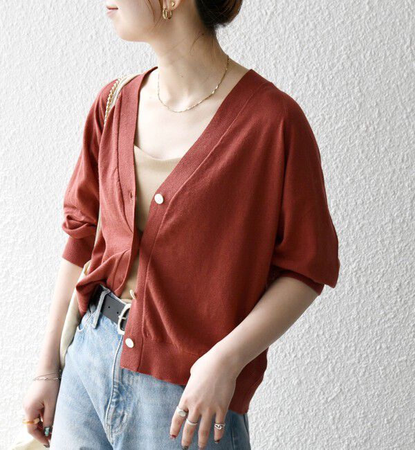 SHIPS any「SHIPS any:〈手洗い可能〉リネン ミックス Vネック ショート シアー カーディガン」|カーディガン|