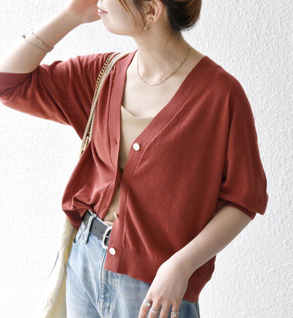 SHIPS any「SHIPS any:〈手洗い可能〉リネン ミックス Vネック ショート シアー カーディガン」|カーディガン|