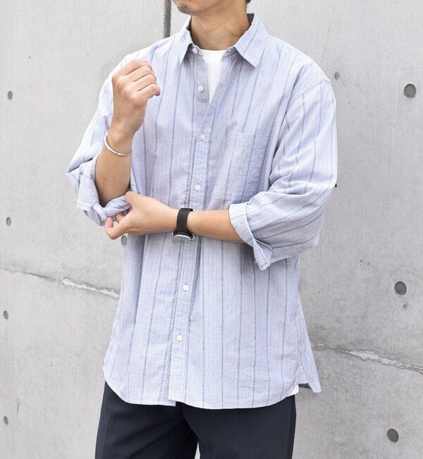 SHIPS any「SHIPS any: 〈洗濯機可能〉コットン / リネン ブルー ストライプ 7分袖 レギュラー シャツ◇」|シャツ・ブラウス|ダークグレー