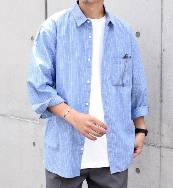 SHIPS any「SHIPS any: 〈洗濯機可能〉コットン / リネン ブルー ストライプ 7分袖 レギュラー シャツ◇」|シャツ・ブラウス|コバルトブルー