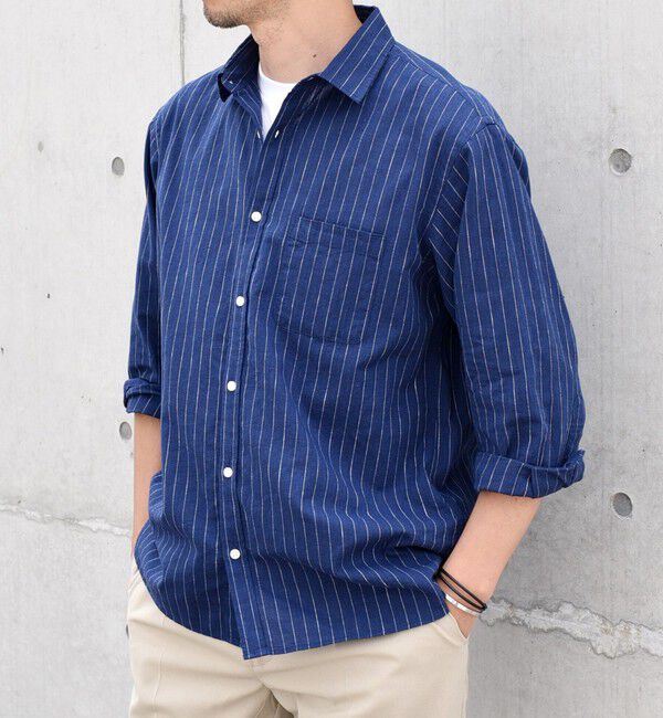 SHIPS any「SHIPS any: 〈洗濯機可能〉コットン / リネン ブルー ストライプ 7分袖 レギュラー シャツ◇」|シャツ・ブラウス|