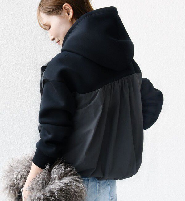 SHIPS for women「【WEB限定】〈手洗い可能〉ダンボール タフタ コンビ フーディ」|パーカー|ブラック