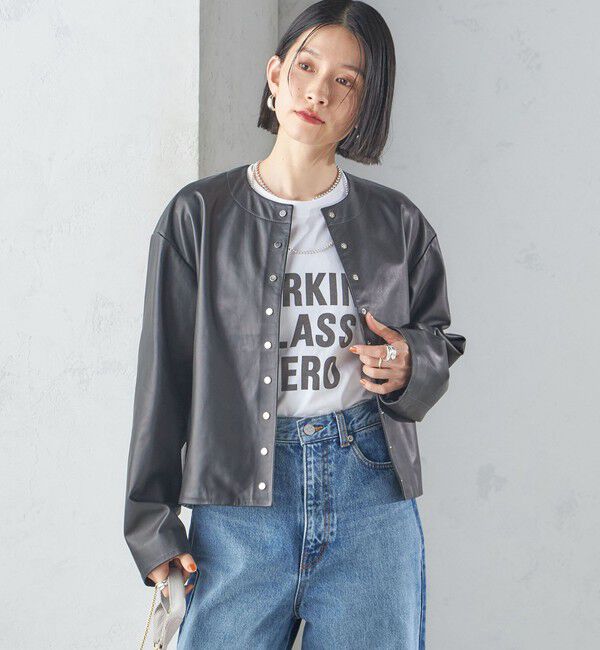 SHIPS for women「SHEEP レザー ノーカラー ブルゾン」|ノーカラージャケット|