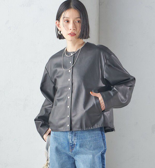 SHIPS for women「SHEEP レザー ノーカラー ブルゾン」|ノーカラージャケット|