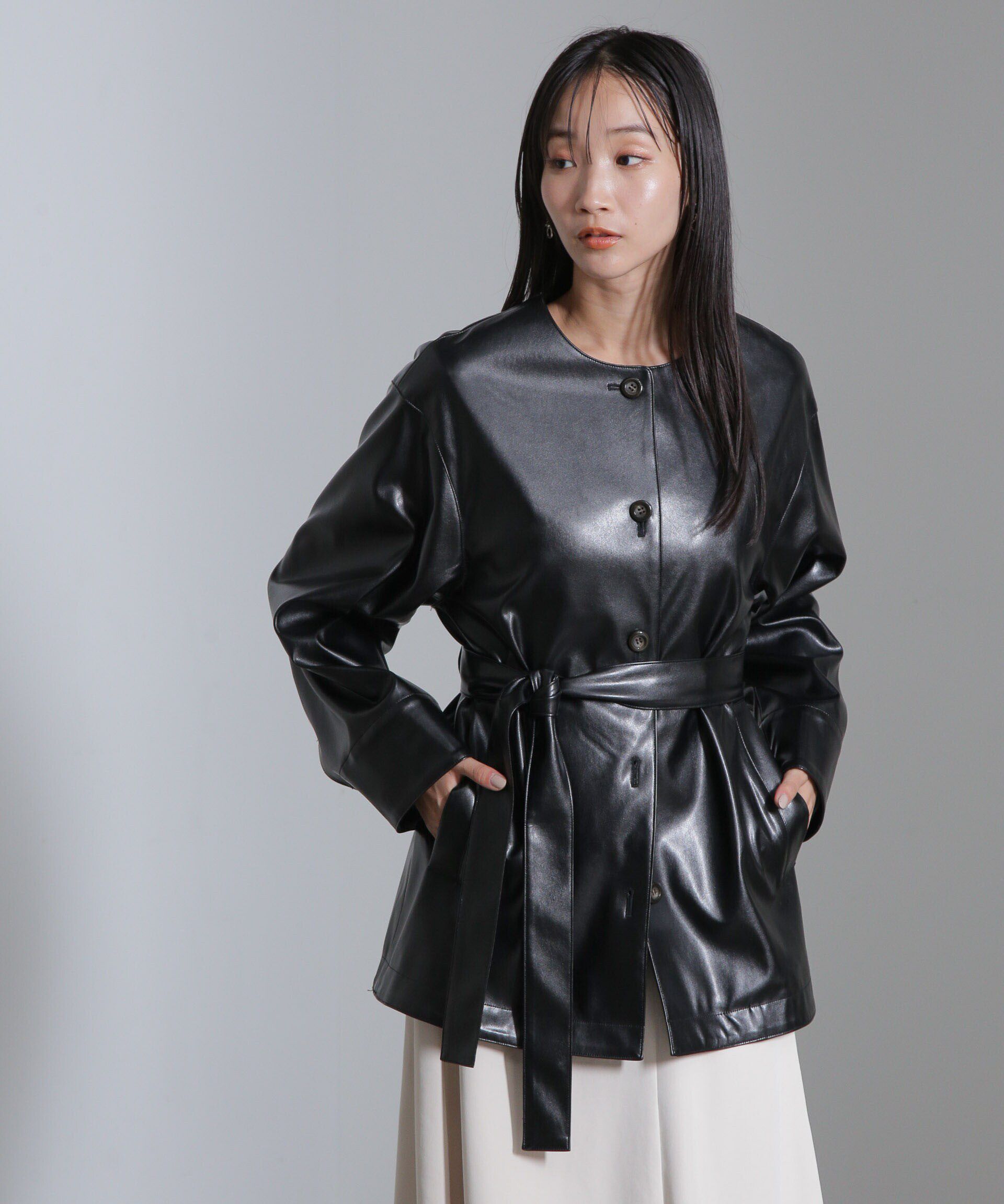 nano･universe「フェイクレザーベルテッドジャケット(セットアップ可)」|テーラードジャケット|