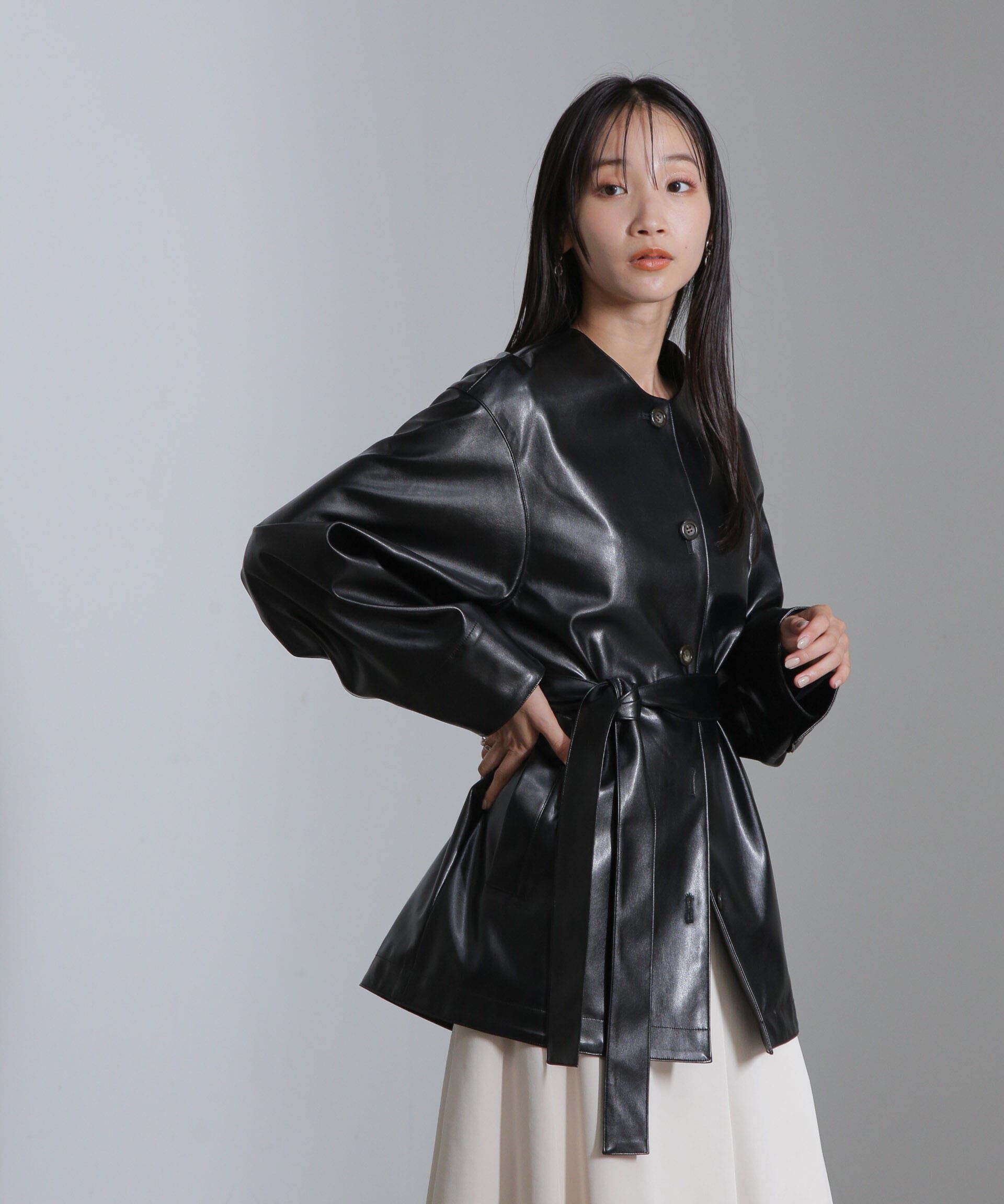 nano･universe「フェイクレザーベルテッドジャケット(セットアップ可)」|テーラードジャケット|