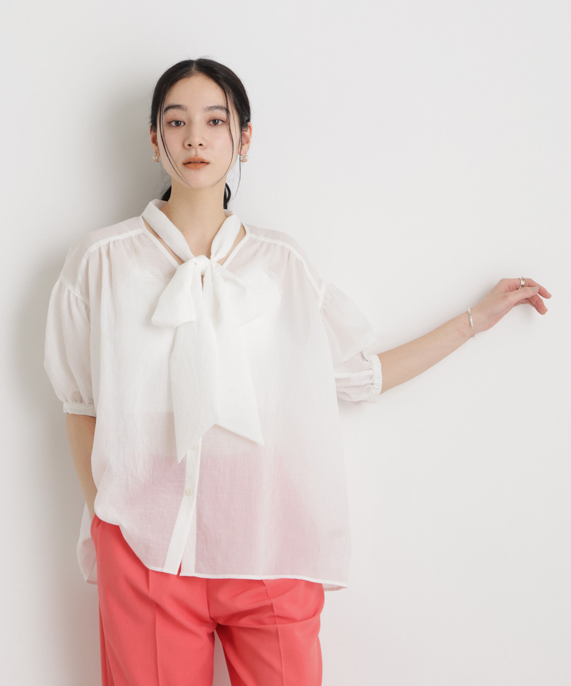 nano･universe「シアーストライプボウタイブラウス」|シャツ・ブラウス|ホワイト