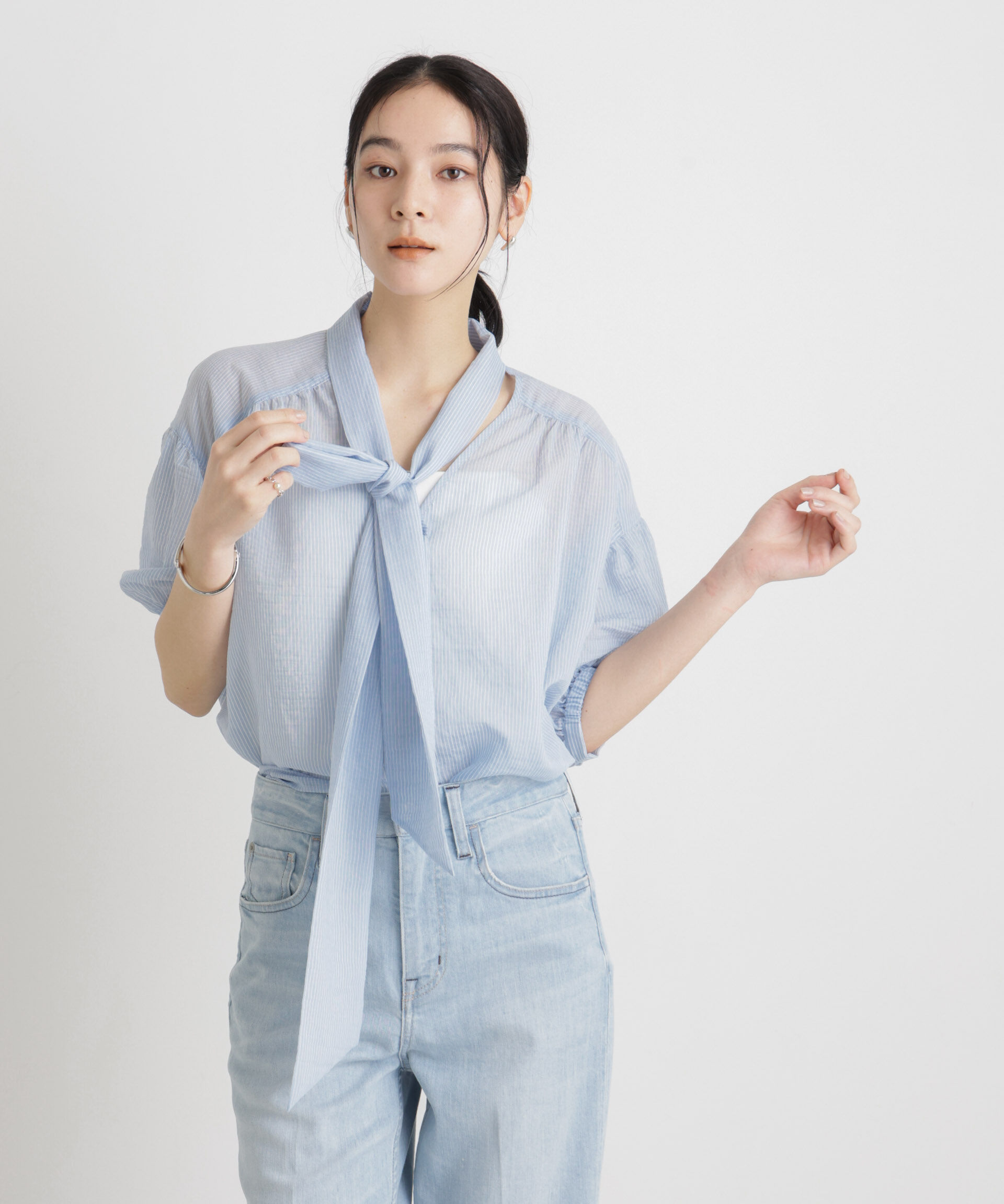 nano･universe「シアーストライプボウタイブラウス」|シャツ・ブラウス|