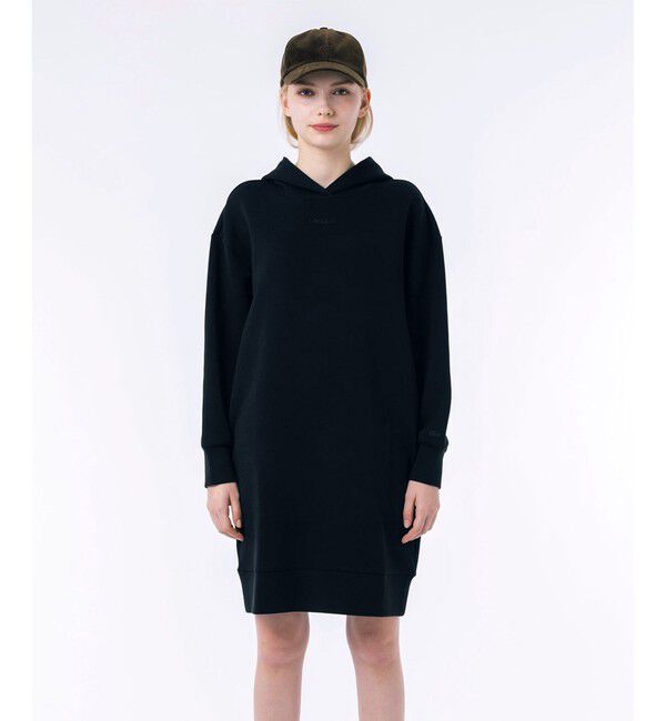 LACOSTE「ブランドネームロゴステッチダブルフェイススウェットフーディードレス / ロングスウェットパーカー」|ワンピース|ブラック