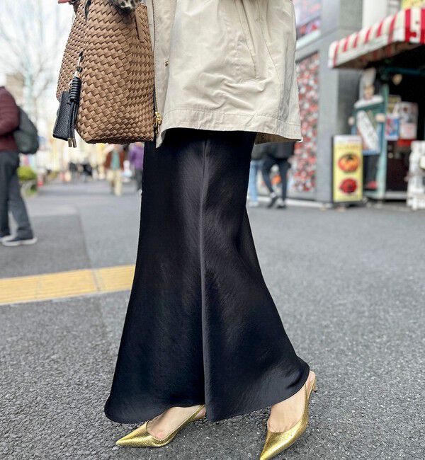 NOLLEY'S「ウォッシャブルサテンナロースカート」|フレア|ブラック