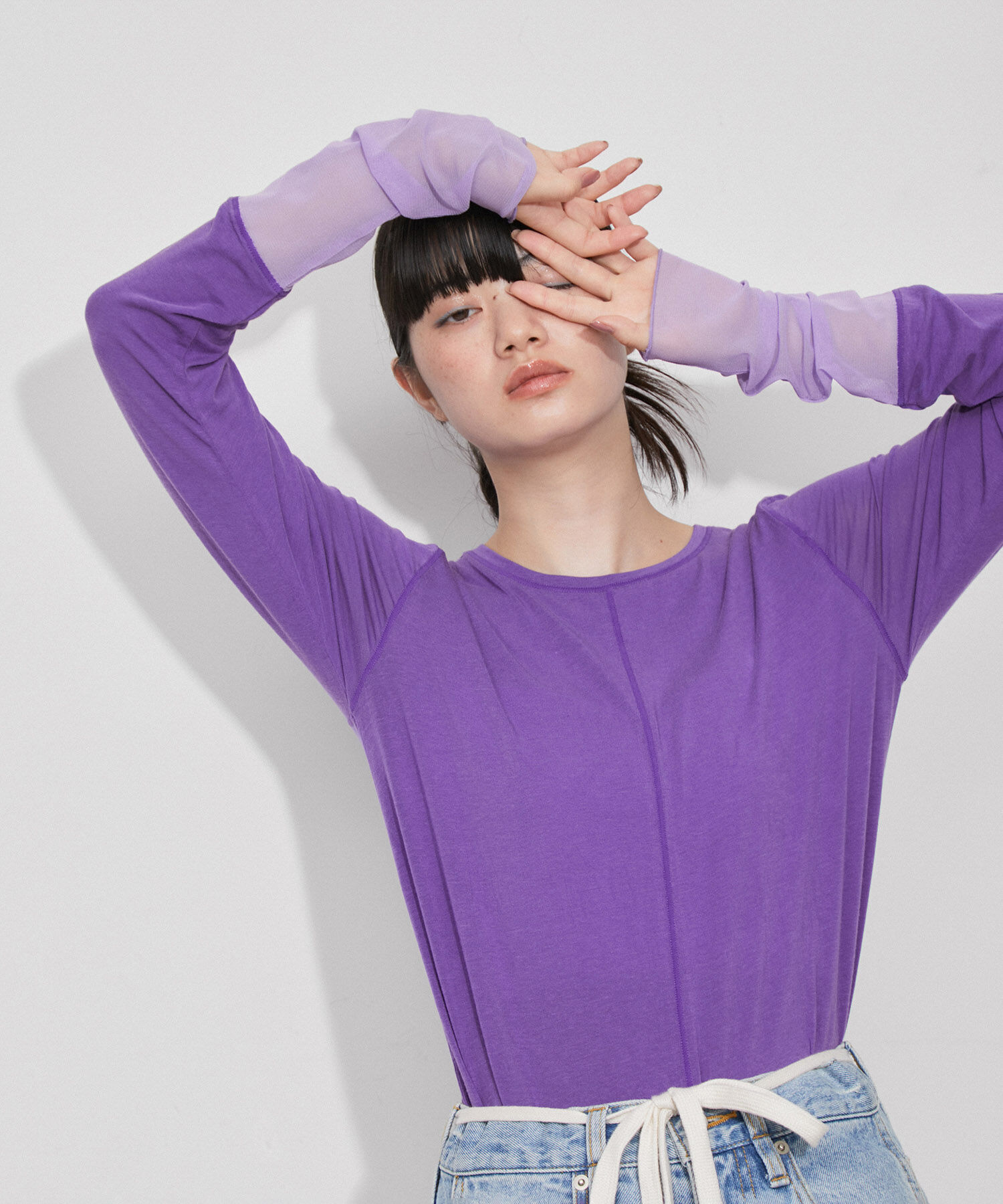 ADAM ET ROPE'「【サステナブル・洗える】エアリーシアーカフスカットソー」|Tシャツ・カットソー|パープル(50)