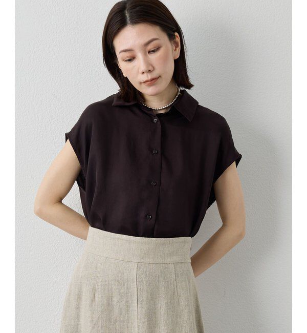 Drawing Numbers「【Drawing Numbers】キュプラノースリーブスリットブラウス」|シャツ・ブラウス|ブラウン