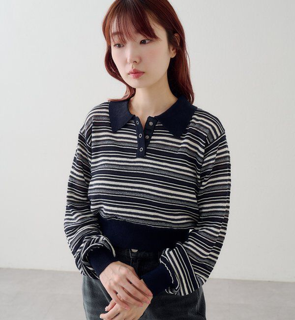 「ボーダーシアーポロニット」|ニット・セーター|ネイビー