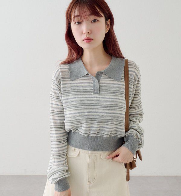  「ボーダーシアーポロニット」|ニット・セーター|グレー
