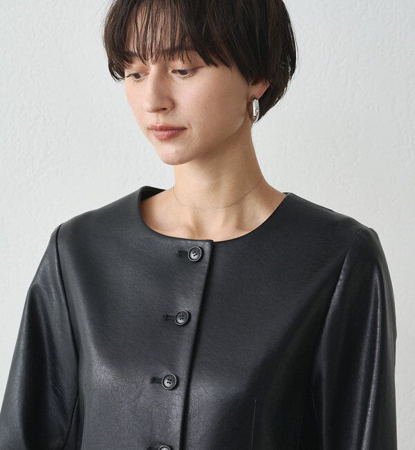  「ノーカラーフェイクレザージャケット」|ベスト・ジレ|