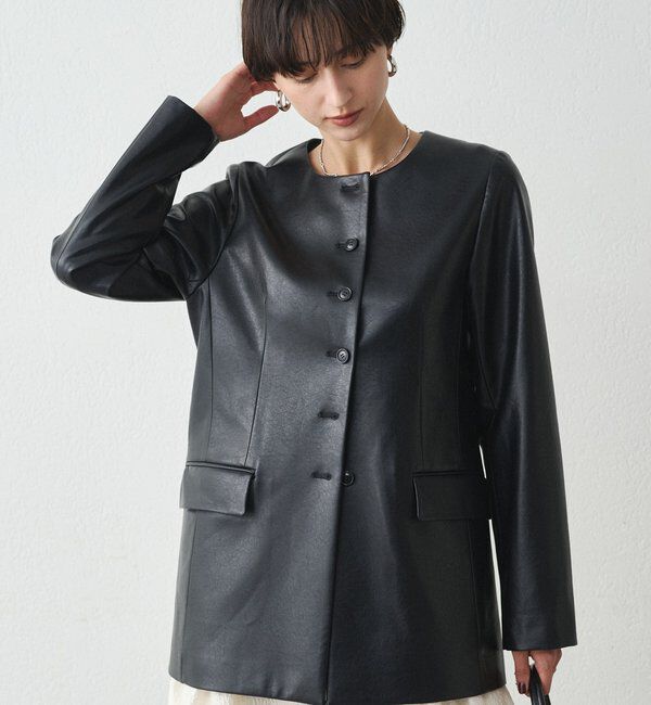  「ノーカラーフェイクレザージャケット」|ベスト・ジレ|