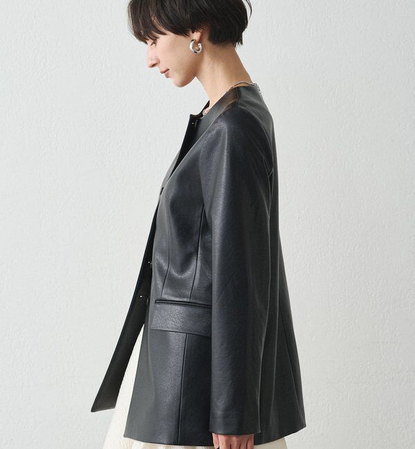  「ノーカラーフェイクレザージャケット」|ベスト・ジレ|